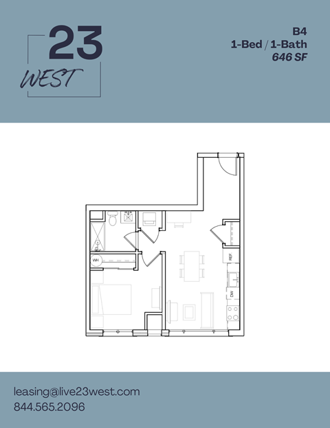 Floor plan for 1 bed, 1 bath, 646 sqft